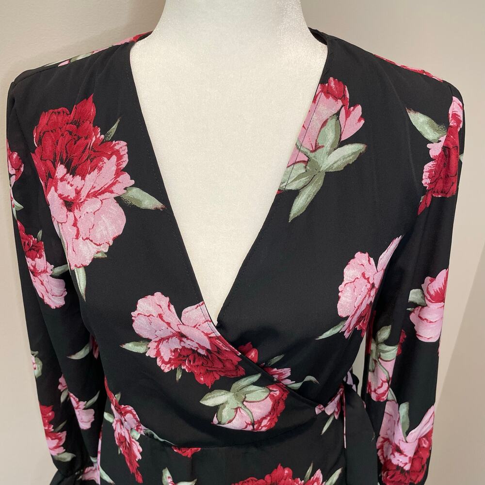Lulus Romantic Blooms Black Floral Midi Wrap Dress Sz M Plunging Neck Black Pink - Picture 9 of 16